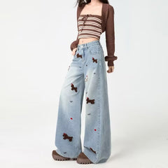 Fashionable Embroidered Wide-Leg Denim Jeans For Women