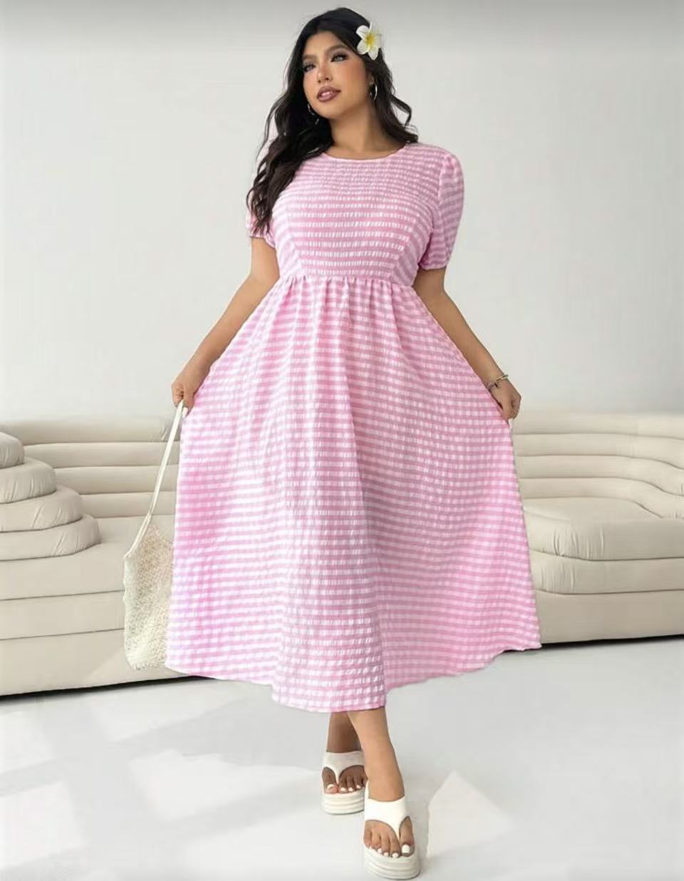 Plaid Crew-Neck Full-Swing Plus-Size Dress