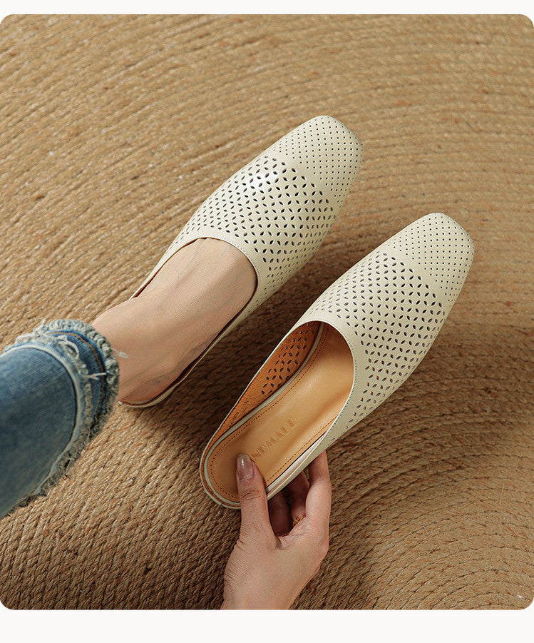 Womens Full-Grain Leather Closed-Toe Half Slippers