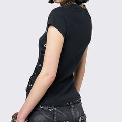 Post-apocalyptic-style Hollow-out Slim-fit Crewneck Short-sleeve Top That Flatters