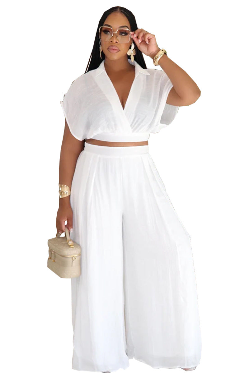 Solid-color Lapel Fashionable Loose-fitting Womens Set