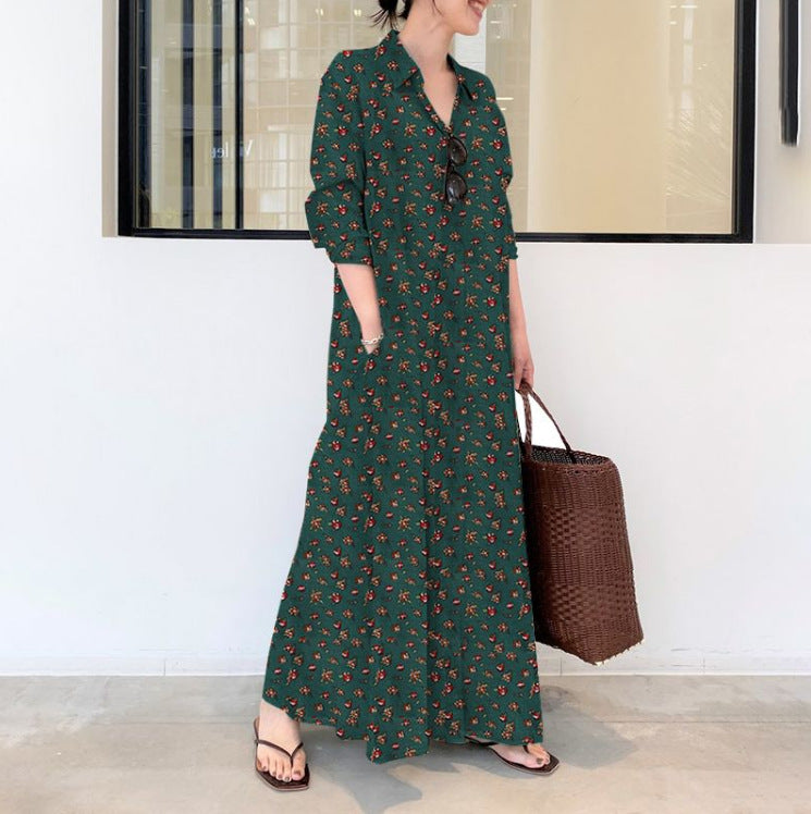 Plus Size Linen Blend Printed Collared Shirt Dress, Long Sleeve Loose Maxi Dress With Pockets