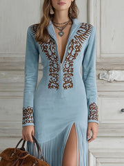 Women Retro Ethnic Tassel Floral Zipper Long Dress