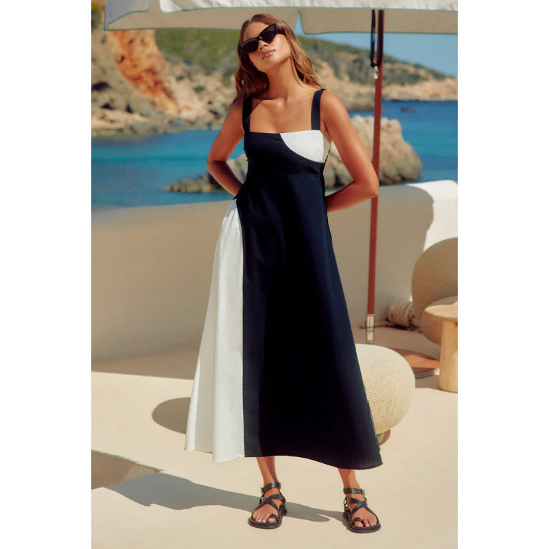 Elegant And Fashionable Resort-style Slip Dress With Color-blocking