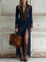 Women Retro Ethnic Tassel Floral Zipper Long Dress