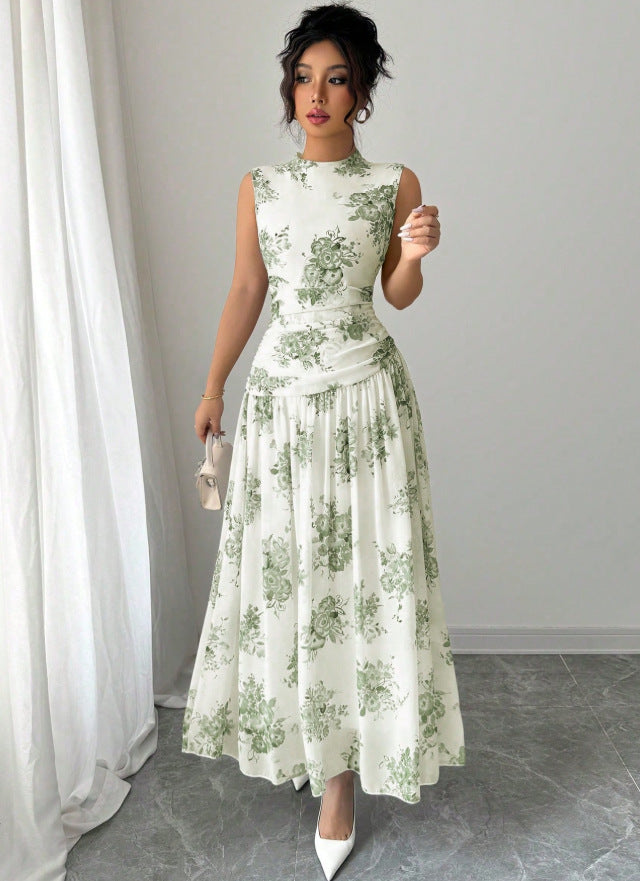 Womens Elegant Round-Neck Sleeveless Printed Waist-Cinching Dress
