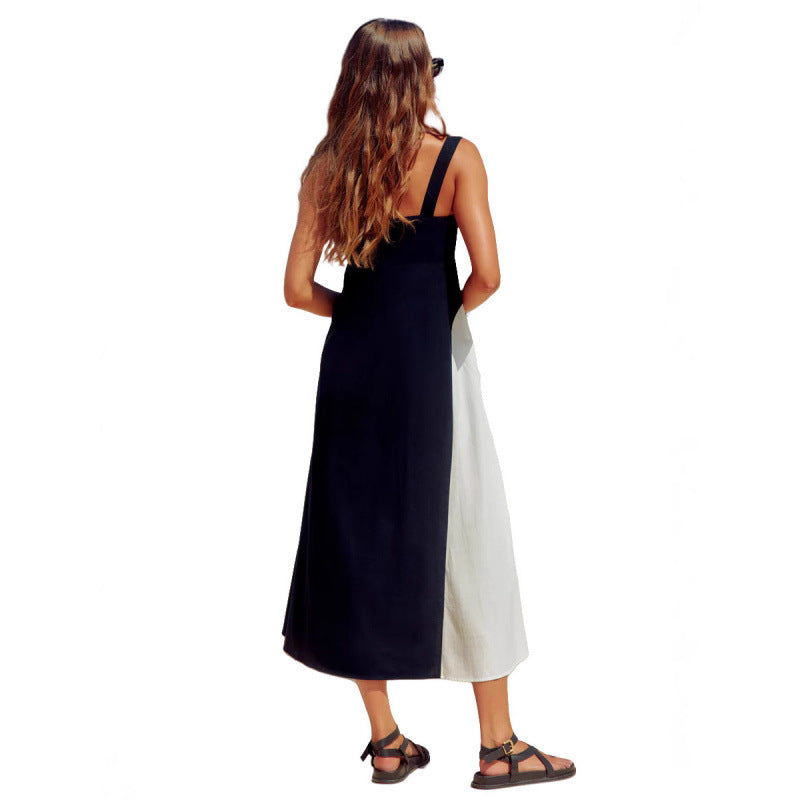 Elegant And Fashionable Resort-style Slip Dress With Color-blocking
