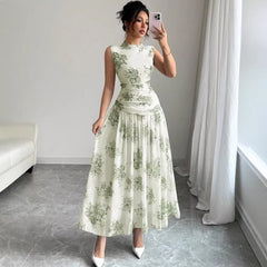 Womens Elegant Round-Neck Sleeveless Printed Waist-Cinching Dress