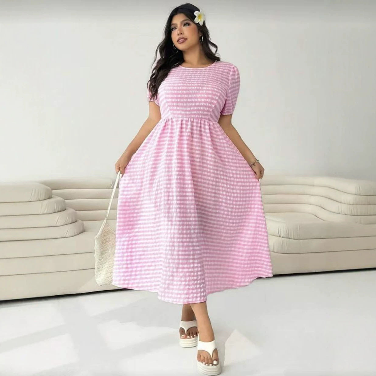 Plaid Crew-Neck Full-Swing Plus-Size Dress