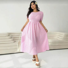 Plaid Crew-Neck Full-Swing Plus-Size Dress