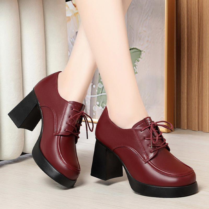 New Spring Autumn Lace-Up Deep-V Shallow-Shoe Soft Leather Chunky Heel Platform Elegant High Heels For Women