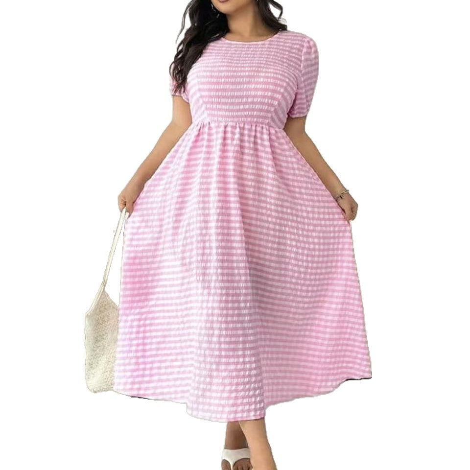 Plaid Crew-Neck Full-Swing Plus-Size Dress