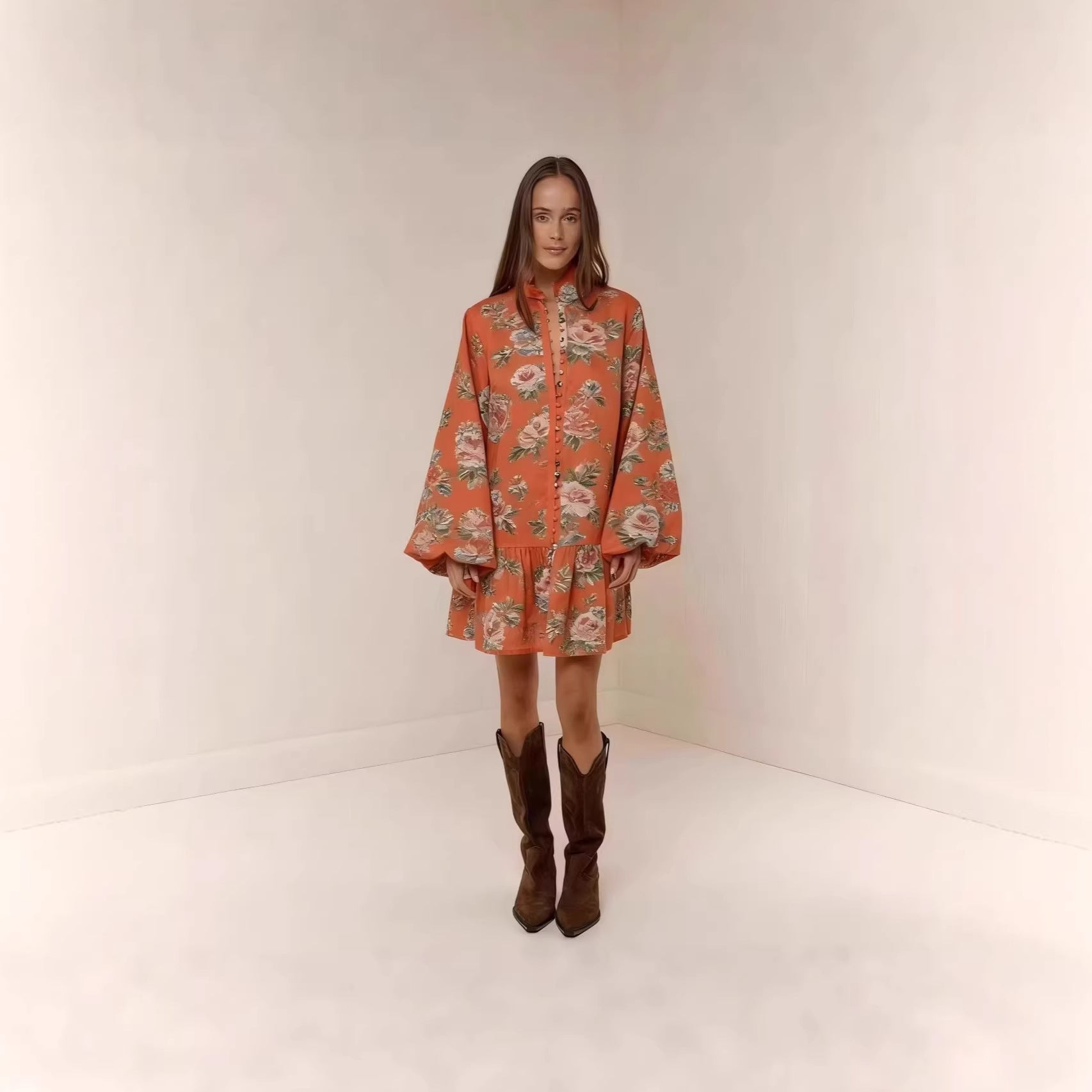Digital-print Lantern Sleeve Linen Midi Dress