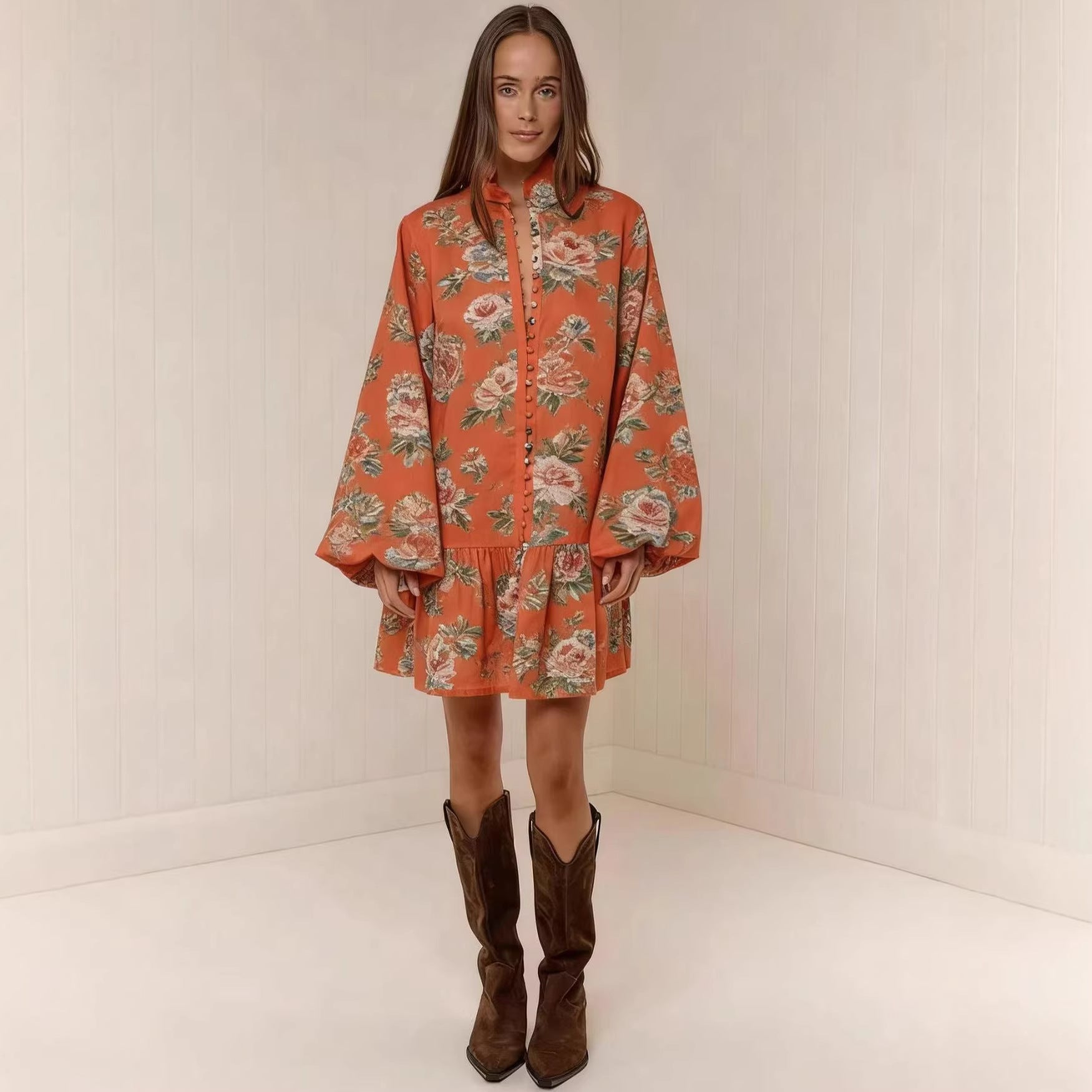 Digital-print Lantern Sleeve Linen Midi Dress