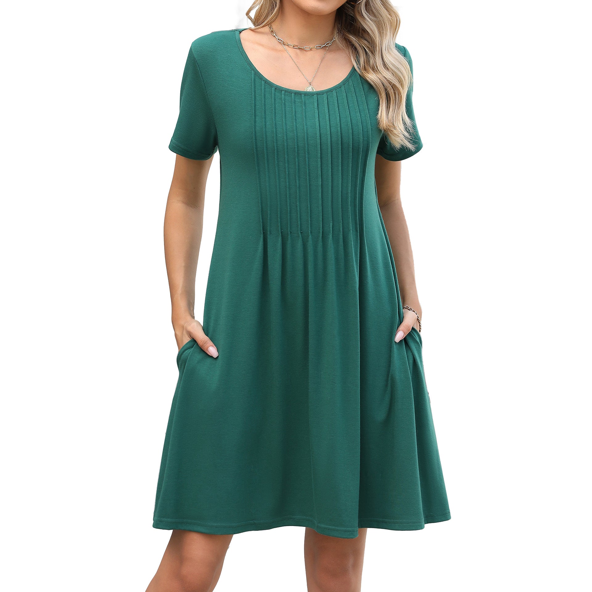 Solid-color Crewneck Ribbed Loose-fit Short-sleeve Pocket Dress